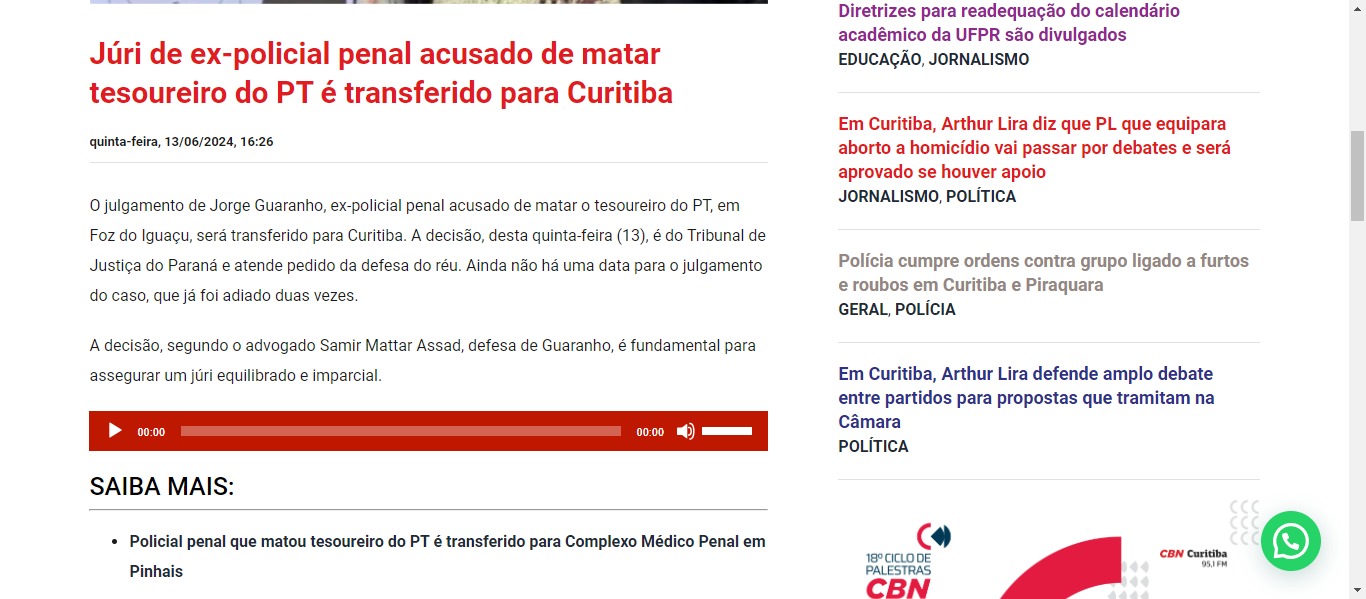 Júri de ex-policial penal acusado de matar tesoureiro do PT é transferido para Curitiba - image 0